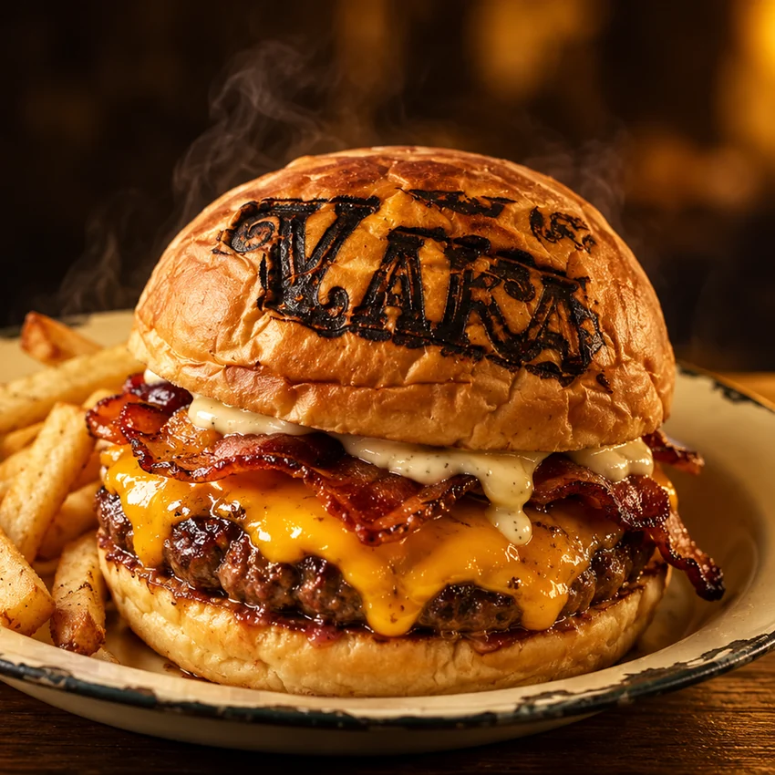 Composição ilustrativa do burger Vaka com uma carne, queijo, bacon e molho