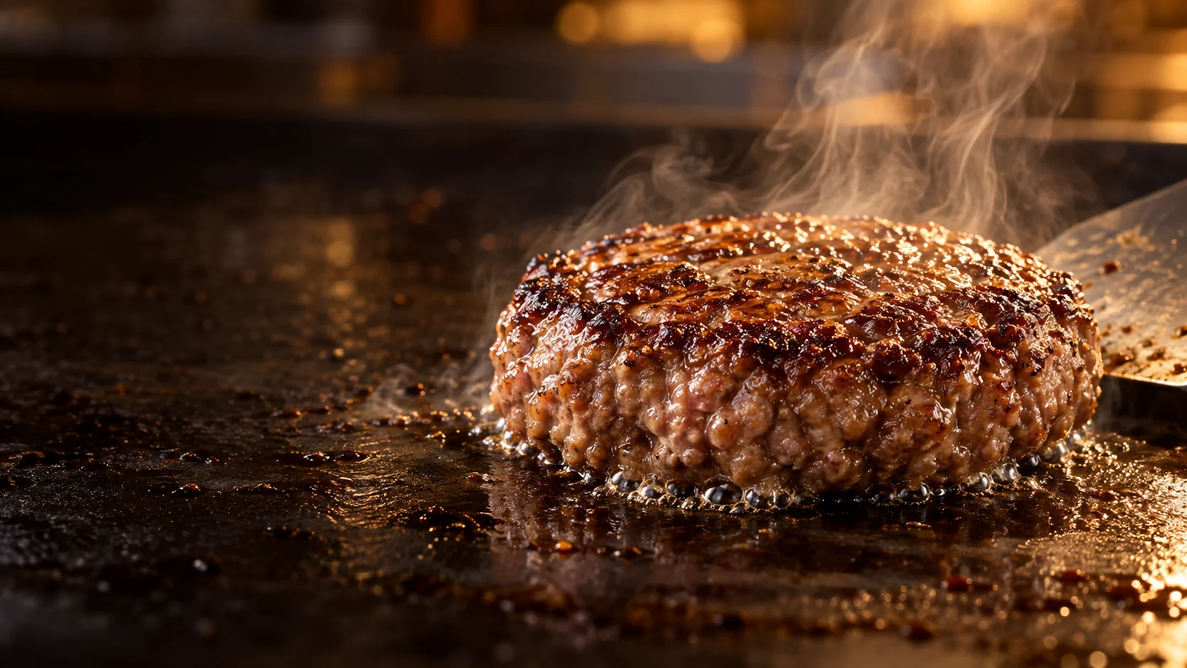 Imagem ilustrativa de carne na chapa com crosta dourada, sucos e vapor